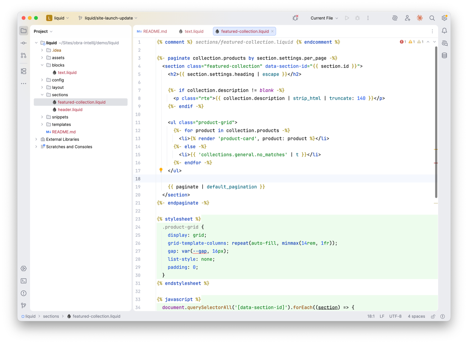 A Shopify theme section open in a JetBrains IDE with the Obra Liquid plugin: highlighting across {% paginate %}, {% for %} and {% render %}, the theme's sections, snippets and blocks directories in the project tree, and the CSS inside {% stylesheet %} treated as real CSS.
